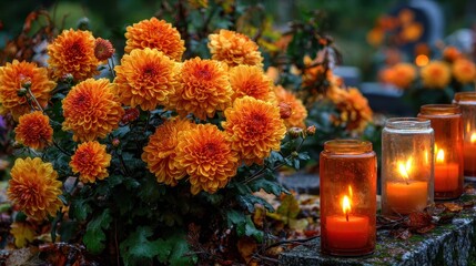 Colorful flowers and lit candles adorn a graveyard during a peaceful afternoon