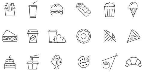 Collation of fast food vector icon line set. Containing as burger, donut, pizza, french fries, hot dog, ice cream, kabab and more. Outline set of food courts icons for web design. Vector illustration.