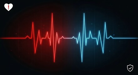 Red and Blue Heartbeat Line Illustration on Black Background.