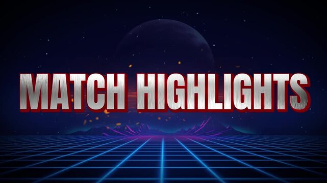 Retro match highlights graphic with grid landscape and moon for sports video introduction