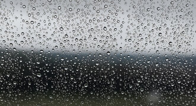 Raindrops cover a glass surface obscuring a blurred background of sky greenery and indistinct objects