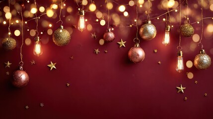 Festive holiday background with sparkling golden fairy lights and hanging christmas ornaments on a deep red surface