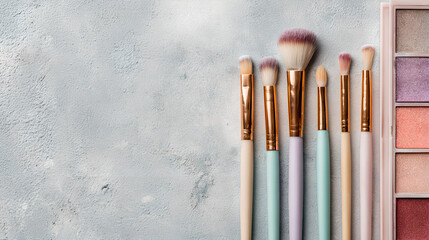 Set of makeup brushes arranged next to colorful eyeshadow palette 