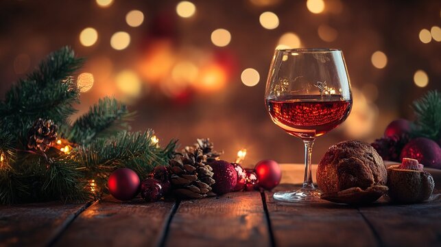A glass of red wine sits on a wooden table, surrounded by festive Christmas decorations and treats, creating a warm and inviting holiday scene. - Powered by Adobe