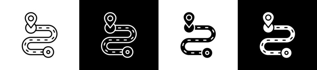 Track icon set in line and glyph style on black and white background