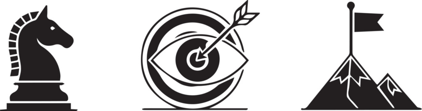 Clean Black Vector Icons: Chess Knight, Target, Mountains Flag