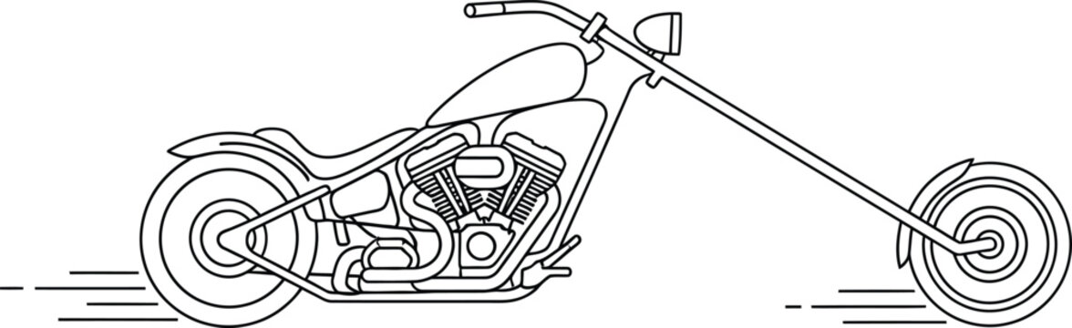 A black and white line drawing of a chopper motorcycle isolated on white background, showcasing its elongated front forks and classic design