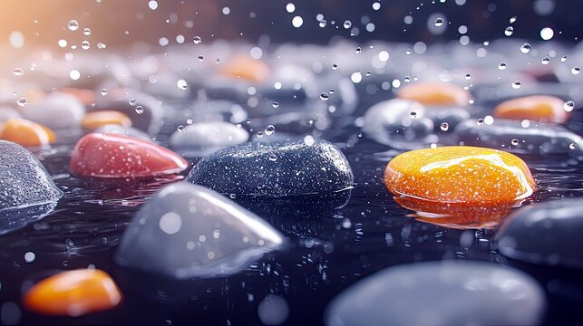 Smooth, colorful stones are partially submerged in dark water, with raindrops creating ripples and reflections.