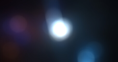 Abstract Light Flare Background with Bright White and Blue Bokeh Effect on Dark Night Backdrop, Optical Lens Distortion and Gradient Overlay