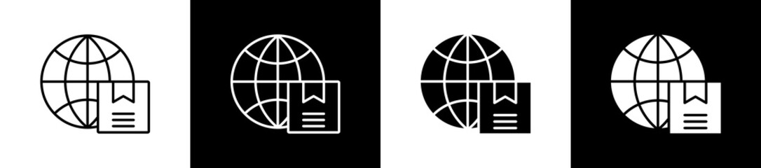 Logistics icon set in line and glyph style on black and white background