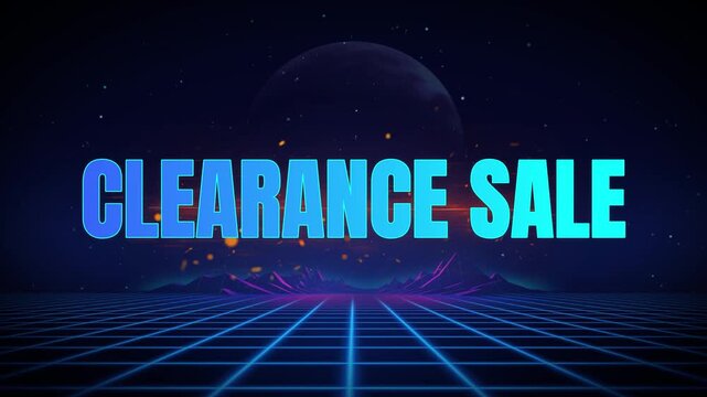 Retro clearance sale promotion with neon grid and planet background for online advertising
