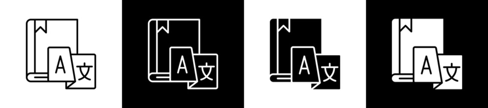 Dictionary icon set in line and glyph style on black and white background