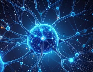 Glowing blue depiction of a neural network or brain cell