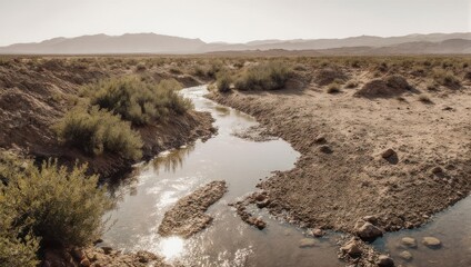 Serene Desert River Winding Through Arid Landscape Under a Hazy Sky.