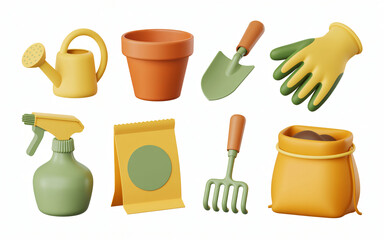Gardening tools set with watering can flowerpot and shovel on a white background