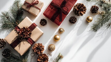 Festive christmas presents wrapped in brown and red paper adorned with pine cones and fir branches