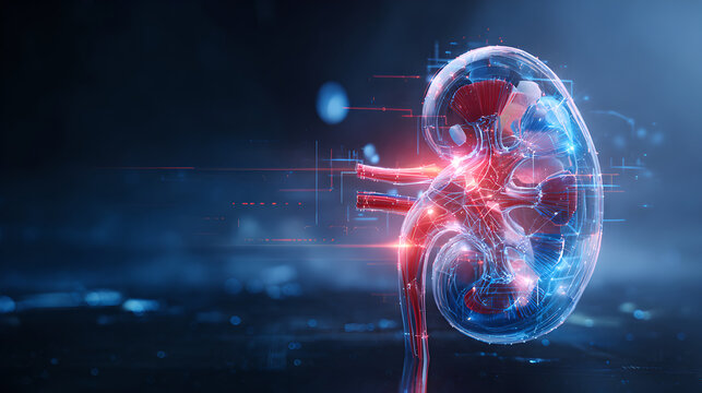 Futuristic transparent 3D medical illustration of glowing human kidney organ 