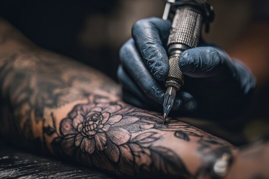 Tattoo artist creates intricate floral design on client's arm during a studio session in the afternoon