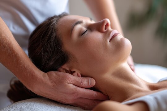 Relaxing neck massage session at a wellness center in the late afternoon