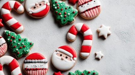 Festive assortment of homemade christmas cookies including santa claus candy canes and decorated trees