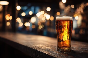 Refreshing golden beer served in a glass on a wooden bar during evening hours in a cozy pub atmosphere