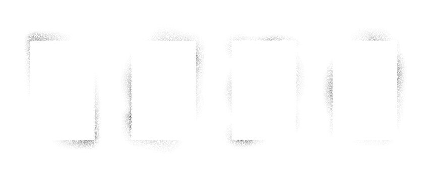 Sprayed noise rectangle frame set. Black dotted grain border collection. Black stipple gradient boarder bundle for banner, poster, text box, template. Vector rough spray stencil graffiti effect frames
