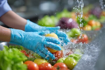 Hands rinsing fresh fruits and vegetables in a kitchen sink during meal prep