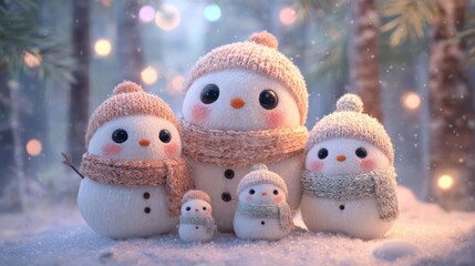 Adorable family of cute snowmen wearing knitted hats and scarves in a magical winter forest with bokeh lights