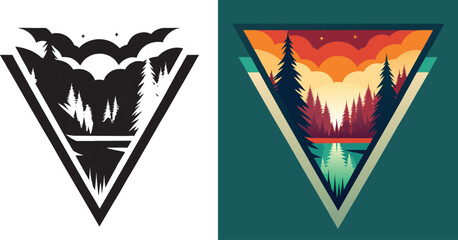 Vibrant geometric landscape captures a serene forest reflection under a dramatic sunset sky, perfect for adventure branding.