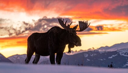 Majestic bull moose silhouette against a vibrant, fiery sunset over snowy mountain range.