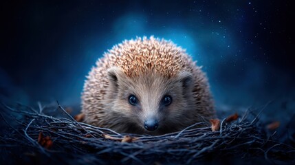A close-up of a hedgehog nestled in a cozy nest, showcasing its spiky texture and curious eyes against a mystical background.