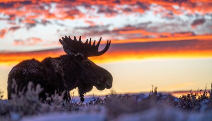 A majestic moose stands silhouetted against a vibrant, colorful sunset sky.