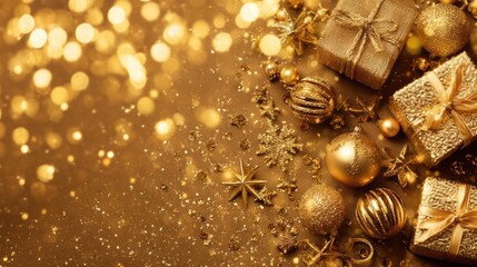 Elegant golden christmas ornaments and gift boxes scattered on a sparkling textured background with bokeh lights