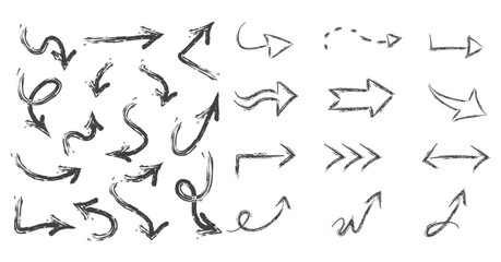Arrow vector line set. Charcoal hand drawn pencil arrows. Doodle curved chalk darts. brush sketch arrow line curve up, down shape chalk texture element set. Abstract grunge scribble chalk crayon styl