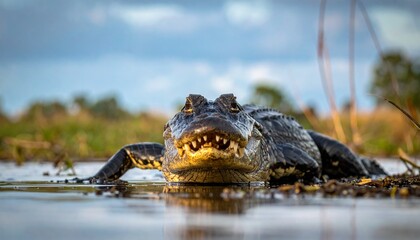 A large American alligator emerges from the murky water, displaying its teeth, ready to hunt.