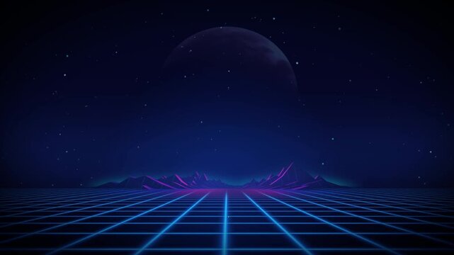 Retro futuristic landscape with a grid moon and mountains evoking a nostalgic 80s vibe