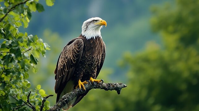 A majestic bald eagle perches on a branch amidst a lush green forest, showcasing its powerful presence and natural beauty. - Powered by Adobe