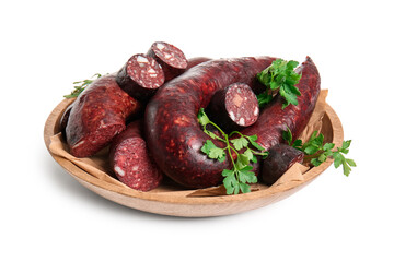Wooden plate with delicious blood sausage, fresh parsley and arugula isolated on white background
