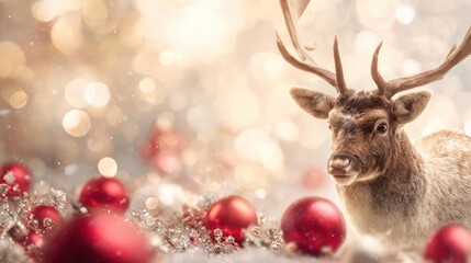 Majestic reindeer with antlers stands in a festive winter scene adorned with glowing christmas ornaments and soft bokeh lights