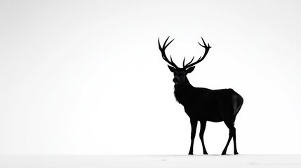 Majestic silhouette of a large antlered stag standing proudly against a stark white winter background