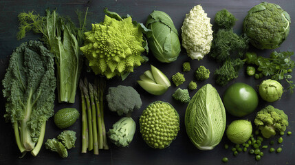 Exploring diverse green vegetables arranged in a creative pattern