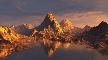 Majestic mountain landscape reflecting in calm waters at sunset over a serene lake
