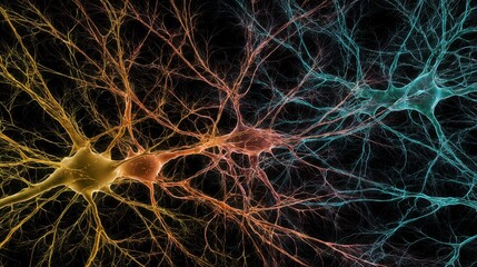 Colorful neural network showing neuron connections and activity in a dark background