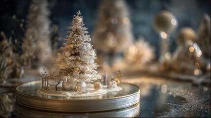 Whimsical miniature christmas tree scene with soft bokeh lights and festive decorations creating a magical holiday ambiance