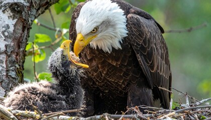 Bald eagle feeding its eaglet in a nest high up in a tree, surrounded by green leaves and branches.