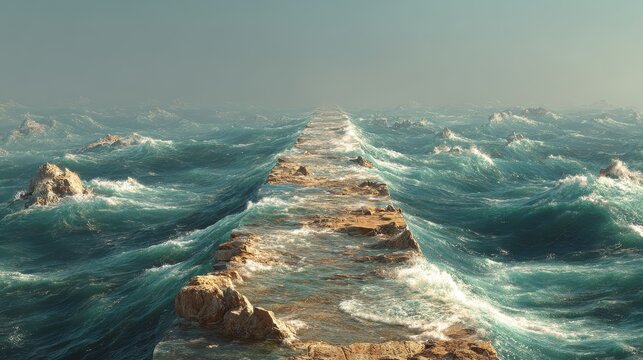 Waves crashing against a rocky path in a stormy ocean setting during early morning