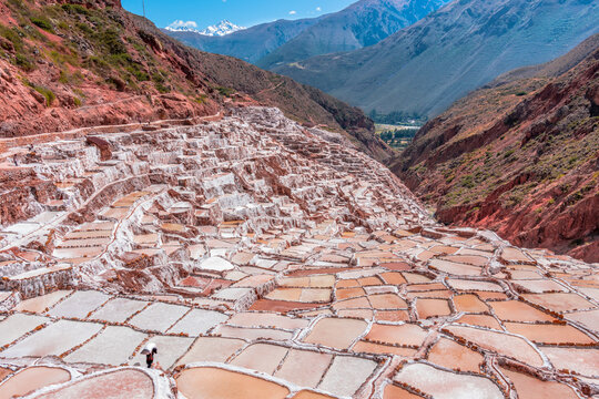 Spectacular view of the Maras Salt Mines, located in the district of Maras, in the Sacred Valley of the Incas in Cusco, Peru.