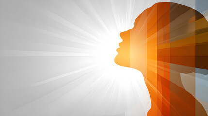 Abstract profile silhouette of a human head surrounded by radiant beams of light in warm orange tones, representing inspiration, creativity, and enlightenment.