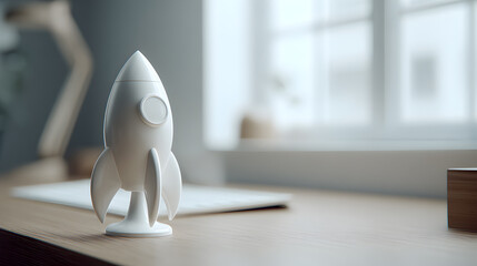 Minimalist Rocket Model on Wooden Desk in Bright Workspace, Symbolizing Innovation, Creativity, and Future Technology Development in Modern Office Setting