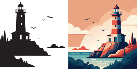 Vibrant coastal lighthouse stands tall on rocky cliffs guiding ships through serene ocean waters with soaring birds overhead